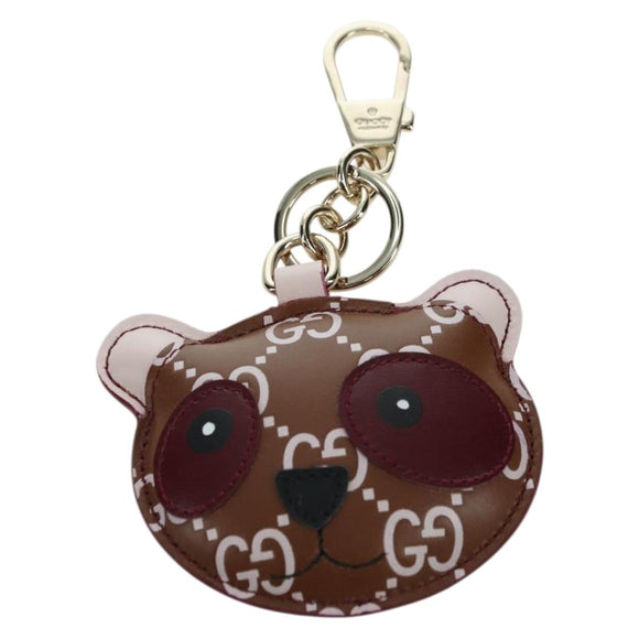 GUCCI GG Embossed Leather Panda Bag Charm Leather Brown Gold Auth bs34757M