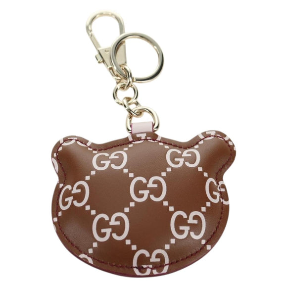 GUCCI GG Embossed Leather Panda Bag Charm Leather Brown Gold Auth bs34757M
