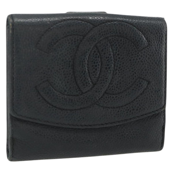 CHANEL Bifold Wallet Caviar Skin Black Gold CC Auth bs34761