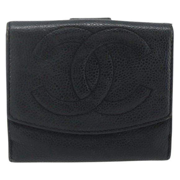 CHANEL Bifold Wallet Caviar Skin Black Gold CC Auth bs34761