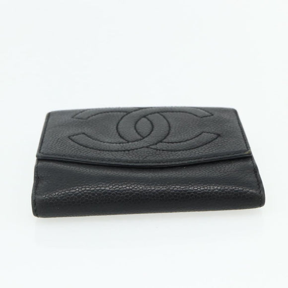 CHANEL Bifold Wallet Caviar Skin Black Gold CC Auth bs34761