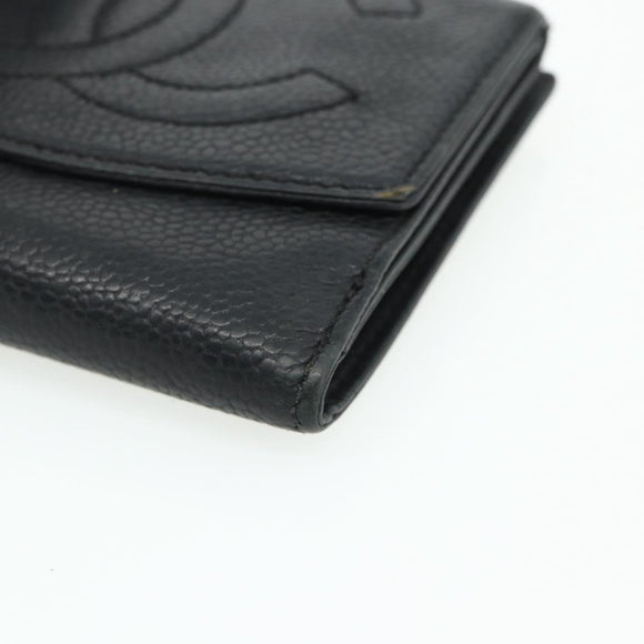 CHANEL Bifold Wallet Caviar Skin Black Gold CC Auth bs34761