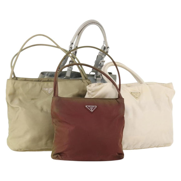 PRADA Hand Bag Nylon 4 Set White Khaki Light Blue Auth bs34766