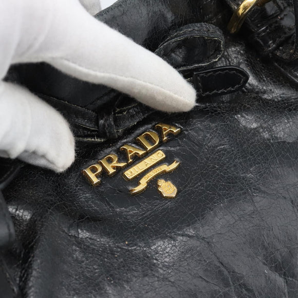 PRADA Handtasche Leder 2way Schwarz Gold Auth bs34775