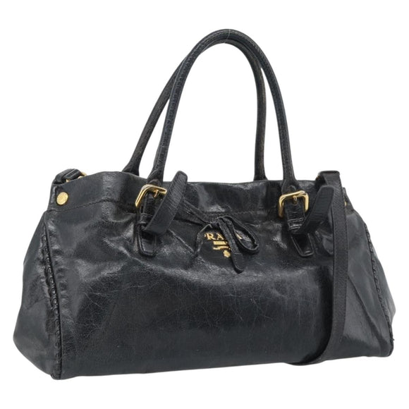 PRADA Handtasche Leder 2way Schwarz Gold Auth bs34775