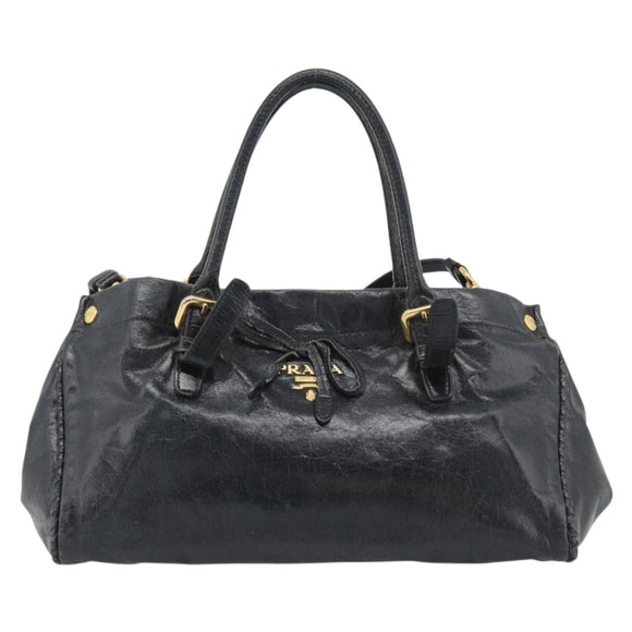 PRADA Handtasche Leder 2way Schwarz Gold Auth bs34775