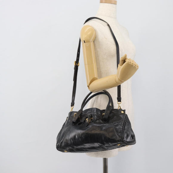 PRADA Handtasche Leder 2way Schwarz Gold Auth bs34775