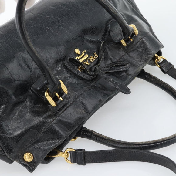PRADA Handtasche Leder 2way Schwarz Gold Auth bs34775