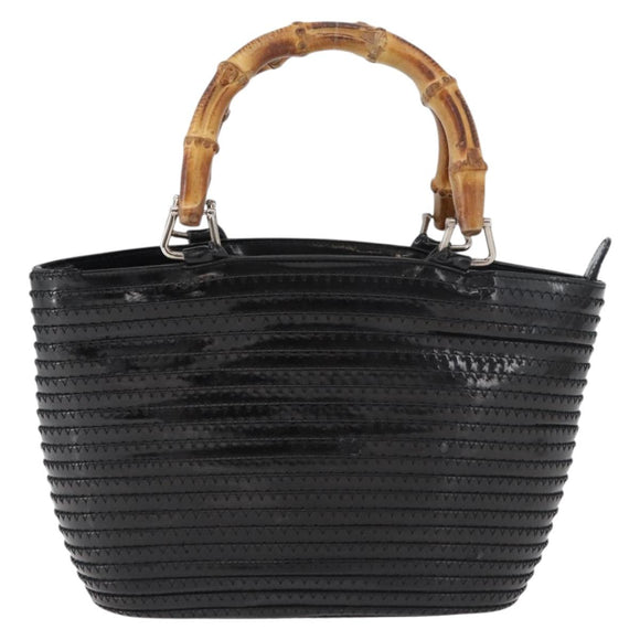 GUCCI Bamboo Hand Bag Patent Leather Black Silver 000 1817 0517 Auth bs34807