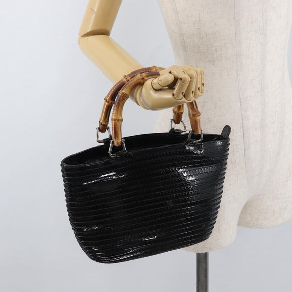 GUCCI Bamboo Hand Bag Patent Leather Black Silver 000 1817 0517 Auth bs34807