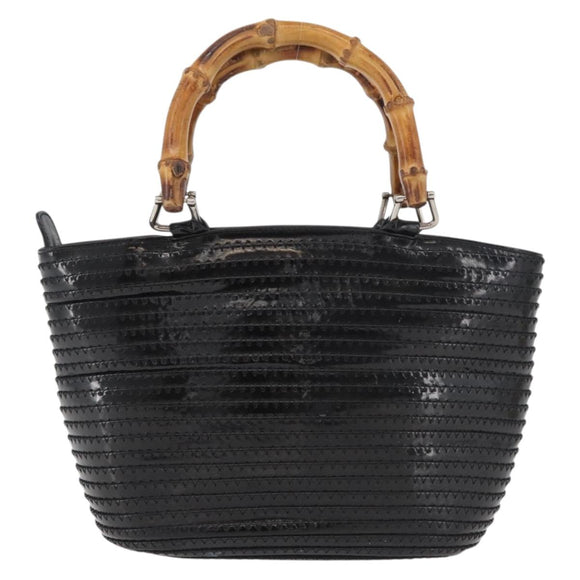 GUCCI Bamboo Hand Bag Patent Leather Black Silver 000 1817 0517 Auth bs34807