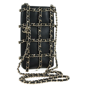 CHANEL Chain Shoulder Pouch Leather Black Gold CC Auth bs34809V