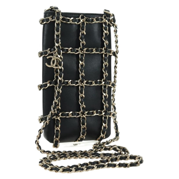CHANEL Chain Shoulder Pouch Leather Black Gold CC Auth bs34809V