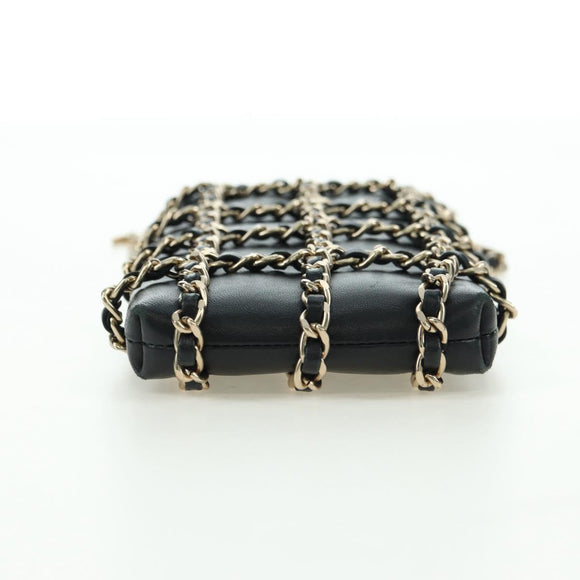 CHANEL Chain Shoulder Pouch Leather Black Gold CC Auth bs34809V