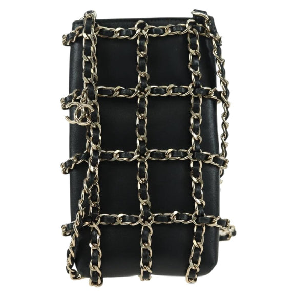 CHANEL Chain Shoulder Pouch Leather Black Gold CC Auth bs34809V