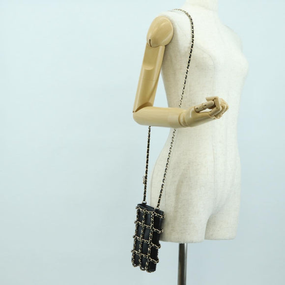 CHANEL Chain Shoulder Pouch Leather Black Gold CC Auth bs34809V