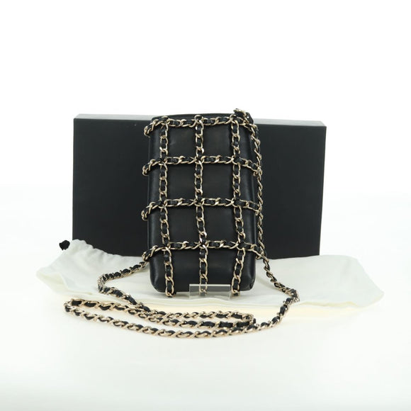 CHANEL Chain Shoulder Pouch Leather Black Gold CC Auth bs34809V