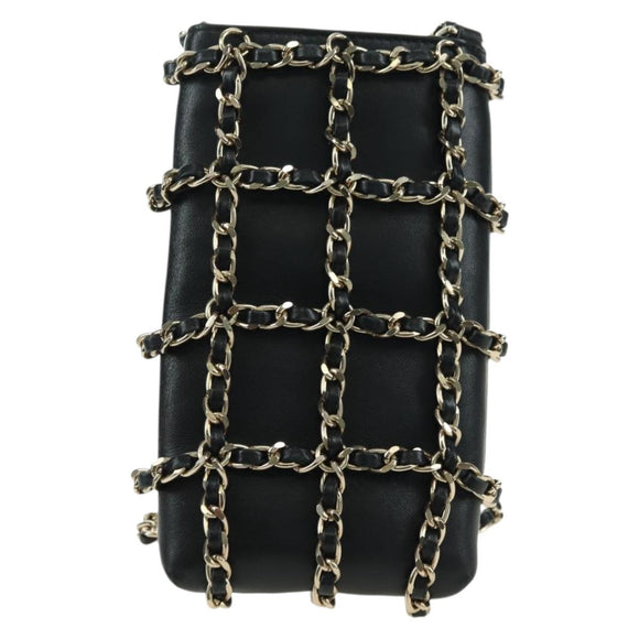 CHANEL Chain Shoulder Pouch Leather Black Gold CC Auth bs34809V