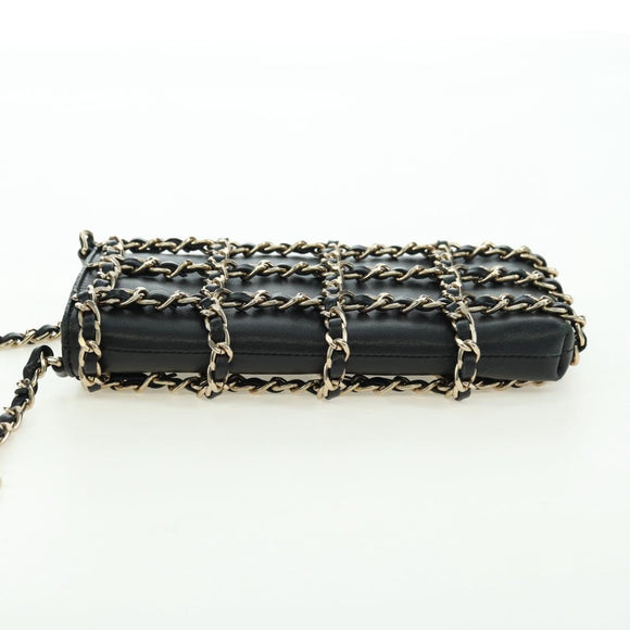 CHANEL Chain Shoulder Pouch Leather Black Gold CC Auth bs34809V