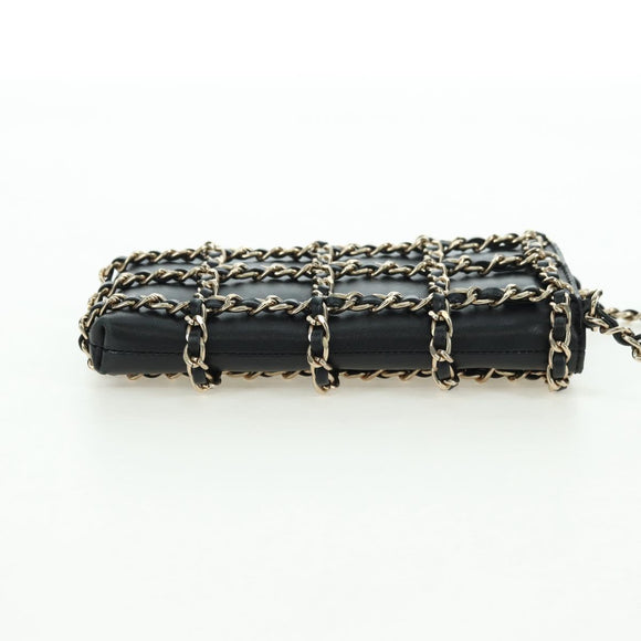 CHANEL Chain Shoulder Pouch Leather Black Gold CC Auth bs34809V