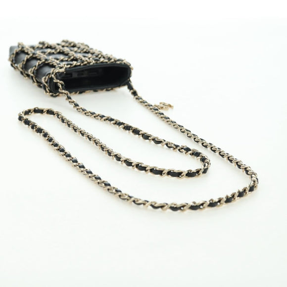 CHANEL Chain Shoulder Pouch Leather Black Gold CC Auth bs34809V
