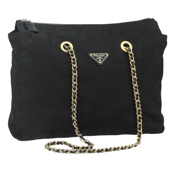 PRADA Chain Shoulder Bag Nylon Black Gold Auth bs34840