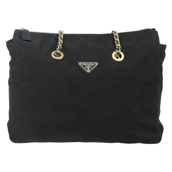 PRADA Chain Shoulder Bag Nylon Black Gold Auth bs34840