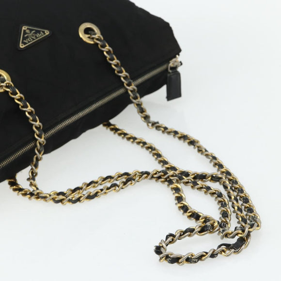 PRADA Chain Shoulder Bag Nylon Black Gold Auth bs34840