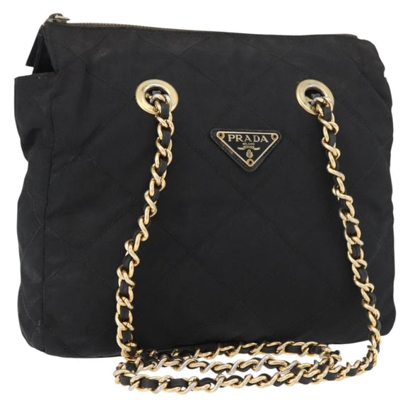 PRADA Chain Shoulder Bag Nylon Black Gold Auth bs34842