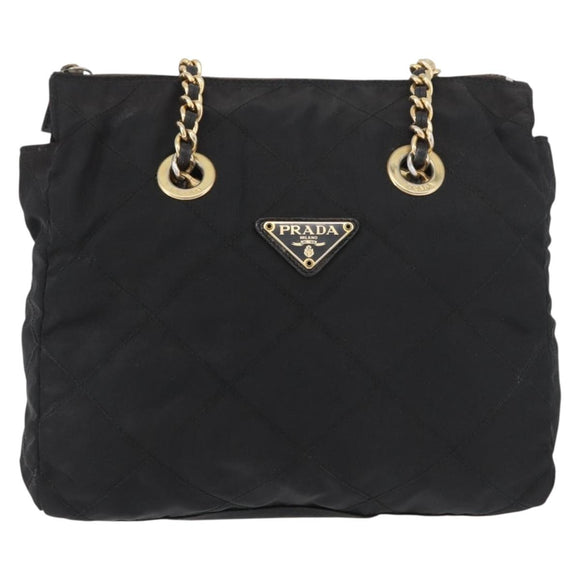 PRADA Chain Shoulder Bag Nylon Black Gold Auth bs34842