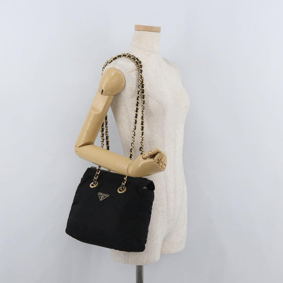 PRADA Chain Shoulder Bag Nylon Black Gold Auth bs34842