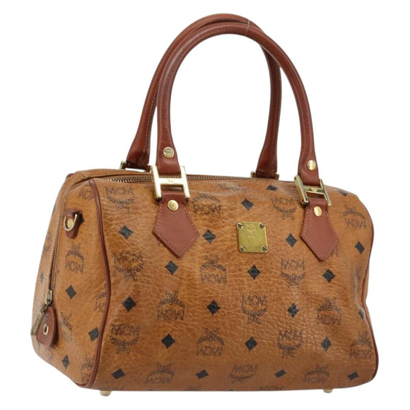 MCM Vicetos Logogram Boston Bag PVC Leather Brown Gold Auth bs34851A