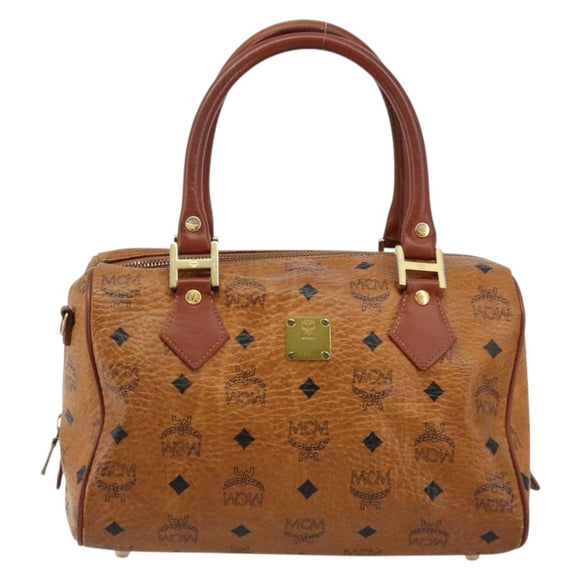 MCM Vicetos Logogram Boston Bag PVC Leather Brown Gold Auth bs34851A