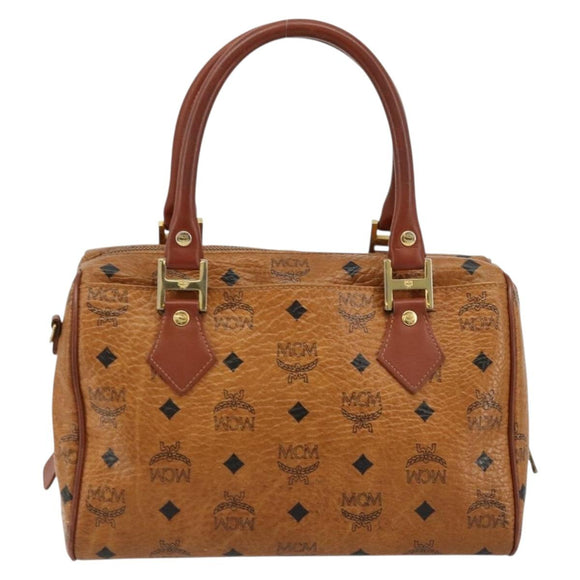 MCM Vicetos Logogram Boston Bag PVC Leather Brown Gold Auth bs34851A