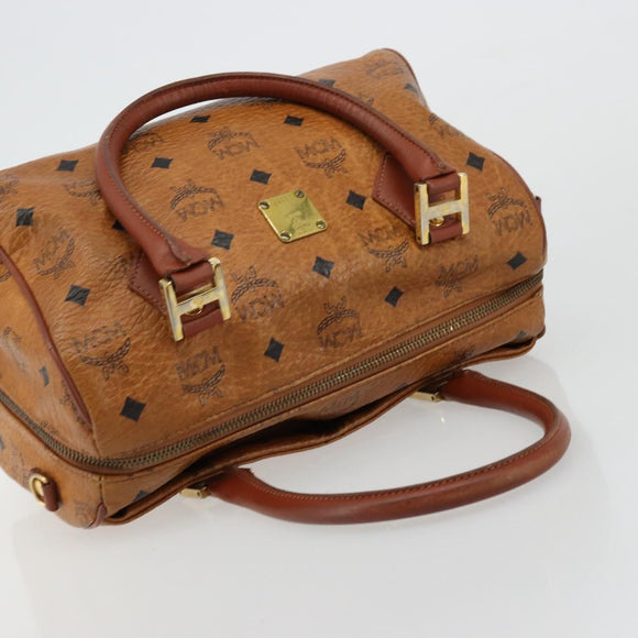 MCM Vicetos Logogram Boston Bag PVC Leather Brown Gold Auth bs34851A