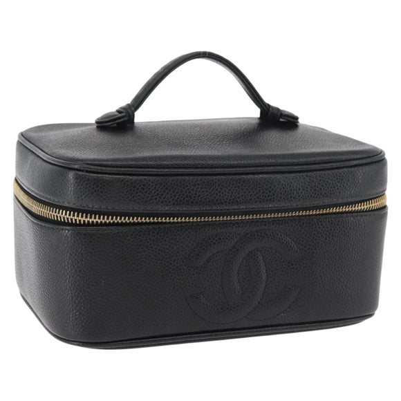 CHANEL Vanity Hand Bag Caviar Skin Black Gold CC Auth bs34860