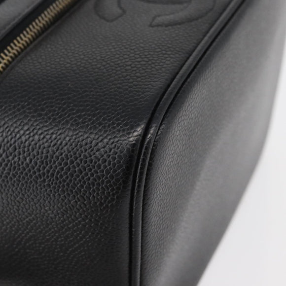 CHANEL Vanity Hand Bag Caviar Skin Black Gold CC Auth bs34860