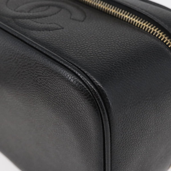 CHANEL Vanity Hand Bag Caviar Skin Black Gold CC Auth bs34860