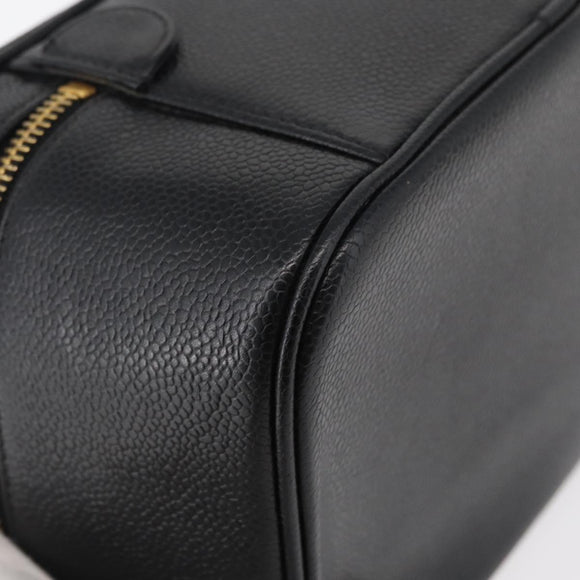 CHANEL Vanity Hand Bag Caviar Skin Black Gold CC Auth bs34860