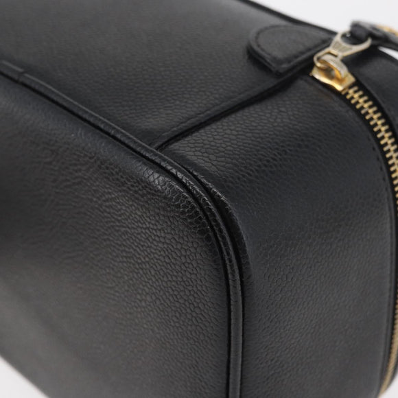 CHANEL Vanity Hand Bag Caviar Skin Black Gold CC Auth bs34860