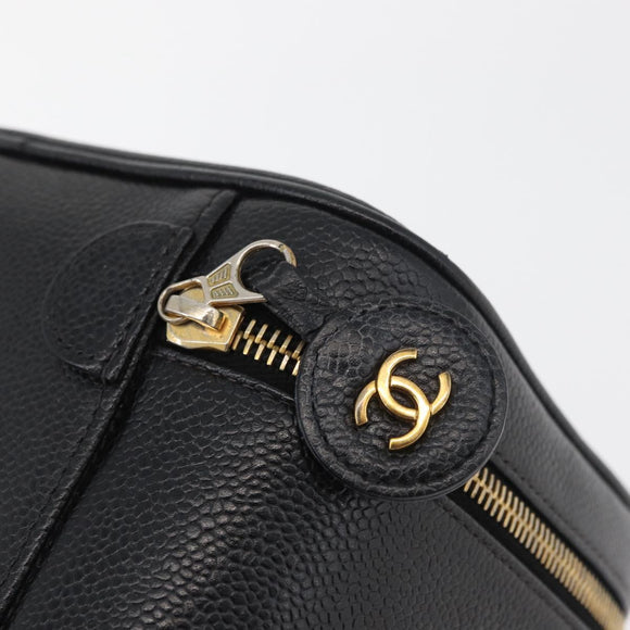 CHANEL Vanity Hand Bag Caviar Skin Black Gold CC Auth bs34860