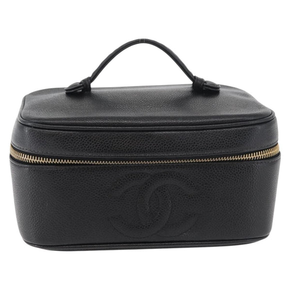CHANEL Vanity Hand Bag Caviar Skin Black Gold CC Auth bs34860