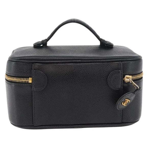CHANEL Vanity Hand Bag Caviar Skin Black Gold CC Auth bs34860