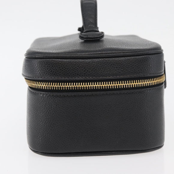 CHANEL Vanity Hand Bag Caviar Skin Black Gold CC Auth bs34860