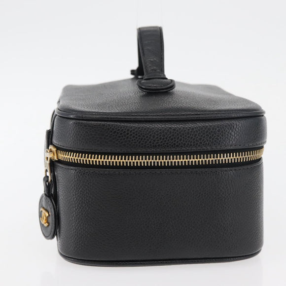 CHANEL Vanity Hand Bag Caviar Skin Black Gold CC Auth bs34860