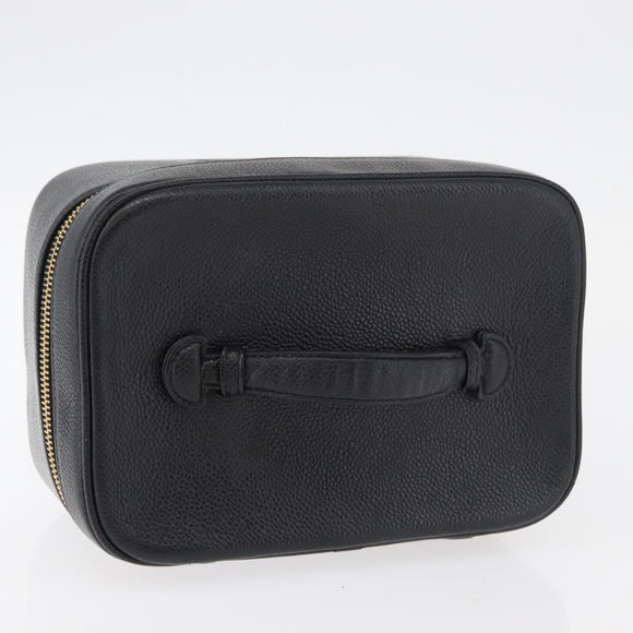 CHANEL Vanity Hand Bag Caviar Skin Black Gold CC Auth bs34860
