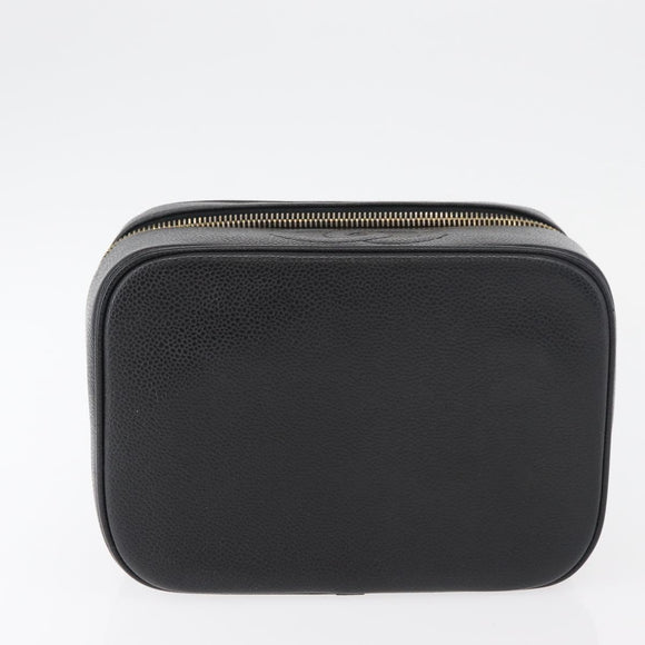 CHANEL Vanity Hand Bag Caviar Skin Black Gold CC Auth bs34860
