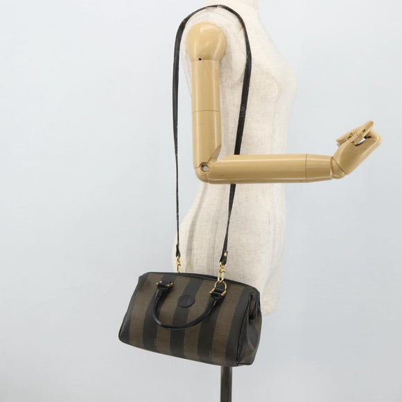 FENDI Pecan Canvas Mini Boston Tas PVC Zwart Bruin Auth bs34863
