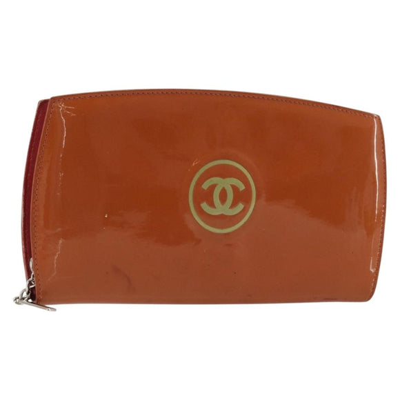 CHANEL Long Wallet Patent leather Orange Silver CC Auth bs34871