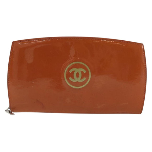 CHANEL Long Wallet Patent leather Orange Silver CC Auth bs34871